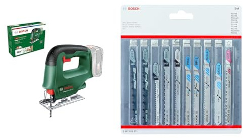 Bosch Akku-Multischleifer EasySander 18V-8 (Ohne Akku; für die DIY-Holzbearbeitung; 3x Schleifblätter; 20x Schleifpapier) + Accessories 10tlg. Stichsägenblätter Set (für Holz und Metall, Zubehör)