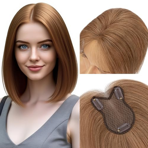 MY-LADY Haartopper Echthaar für Frauen 21g Hellbraun Leicht Hair Topper Clip in Extensions Natürliche - für Dünnes Haar Ohne Pony (#06)