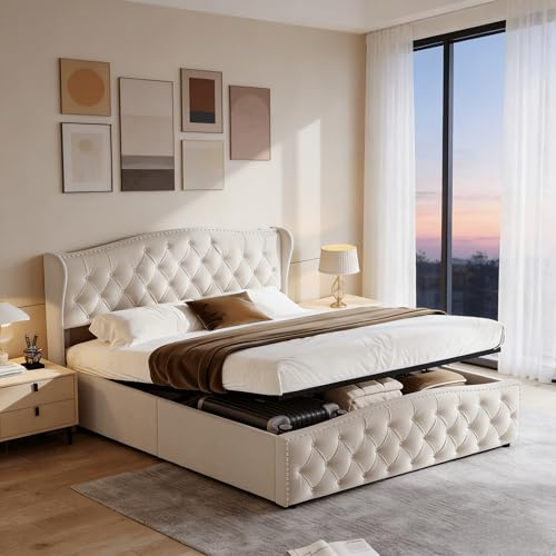 HYNHXBP Letto imbottito 160x200 cm con Contenitore idraulico, Letto matrimoniale funzionale con testiera, Struttura solida con rete a doghe, Velluto lussuoso (Beige, 160 x 200 cm)