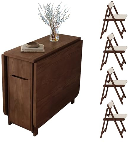 CLXRZM 150cm Klappbarer Esstisch mit Stühlen Set, Holz Klapptisch, Braun | mit Rollen & Schubladen, Ausziehbarer Küchentisch für 4-6 Personen, Platzsparender Multifunktionstisch für kleine Wohnungen