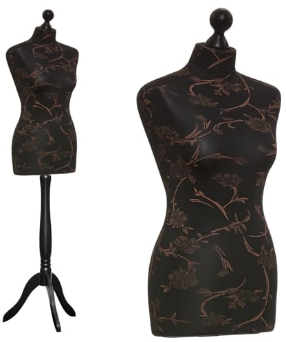 DummyDoll Schneiderpuppe weiblich in Größe 44/46, Überzug schwarz braune Blumen, Holzdreibein schwarz