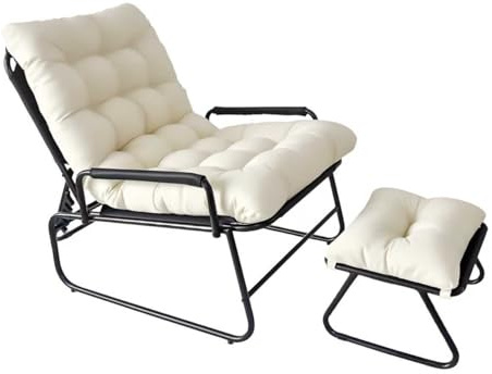 DELONGKE Loungesessel Outdoor,Balkonsessel, Extra Breit Outdoor Lounge Sessel Mit Fußhocker Gartenliege Relaxsessel Garten, Gartensessel Mit Liegefunktion (Weiß)