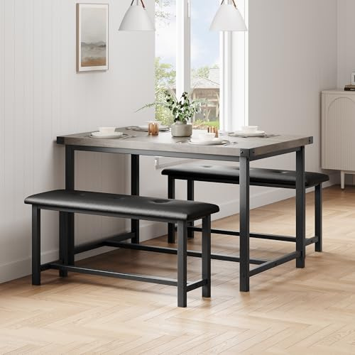 Mobeneno Dining Table Set for 4, Kitchen Table with 2 Upholstered Benches, Space-Saving Kitchen Table Set for Small Space Apartment Studio, Industrial Style, Metal Frame