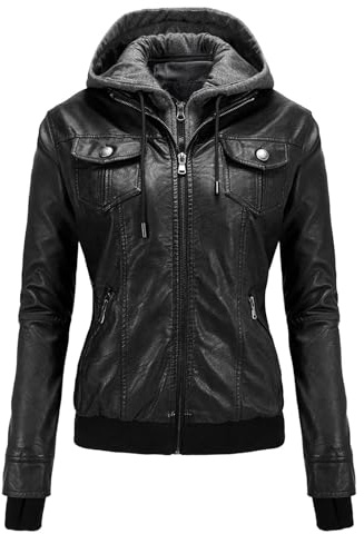 Chaqueta de motociclista para mujer, chaqueta bomber de cuero, con capucha, manga larga, cremallera, estilo casual.