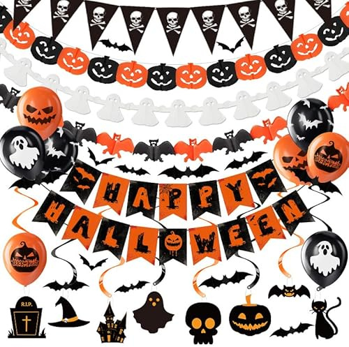 Pmueuff Halloween Deko Innen Set, Halloween Party Dekoration, mit Girlande, Banner, Luftballons, Fledermaus, Geist, Kürbis, für Zuhause, Büro, Schule, Geschäft, Party, Halloweens Partys Deko