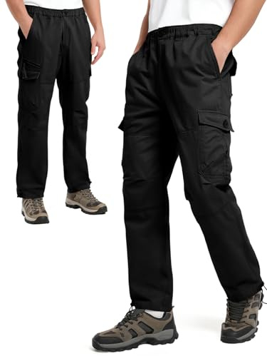 Aotoyou Cargohose Herren Wanderhose Baumwolle Outdoorhose mit 7 Taschen und Gummizug Arbeitshose Männer Lang Trekkinghose Taktische Hose, Schwarz 3XL