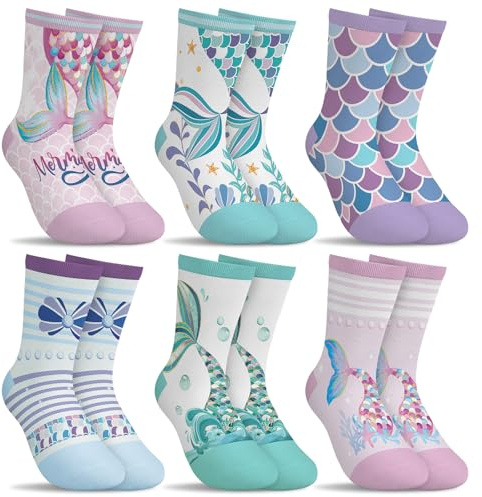hometrixx 6 Paare Socken Kinder Mädchen Bunte Seepferdchen Meerjungfrau Muschel Blau Rosa Lila Baumwolle Socken kinder
