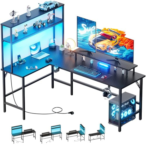 HLONONE Gaming Tisch mit LED, Eckschreibtisch mit 3 Steckdosen und 2 USB, Reversibel Gaming Schreibtisch L Form, 150 x 100 cm Computertisch mit Aufsatzregal und Monitorständer, Kohlefaser Schwarz