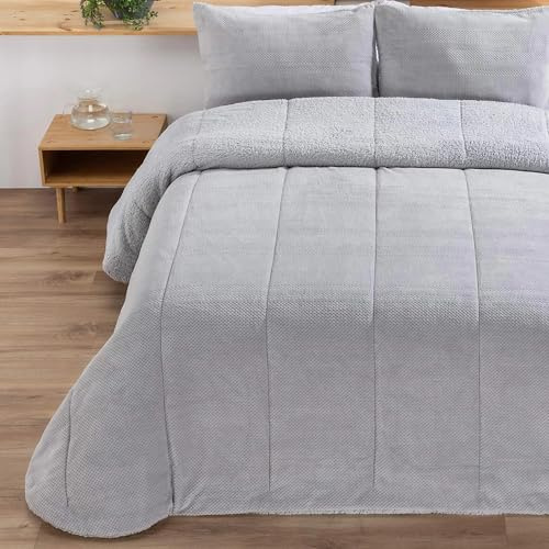 Manterol Edredón Sherpa Riso – semiliso con Bandas Jacquard, Exterior Terciopelo Suave, Reverso Borreguillo, Incluye Fundas 50x70, Calor Ligero de Invierno, Lavable (C12, Cama 135/140cm)