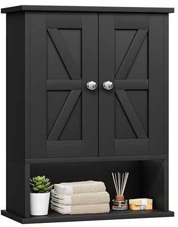 Keehusux 15 W x 19.7 H Black Medicine Cabinet with 2 Barn Doors, Small Farmhouse Bathroom Wall Cabinet with Adjustable Shelf, Wooden Over the Toilet Storage Cabinet for Kitchen, Laundry, Entryway