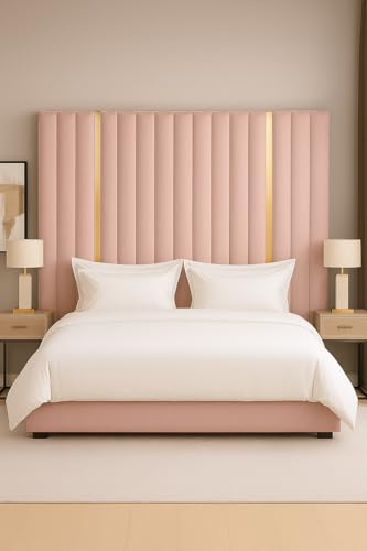 Spring Well Extra Tall Wall Mounted Upholstered Headboard,Clarance Plush Velvet Panelled Design with Gold Trim, Single, Double, King & Super King Sizes (Pink, 4ft SmallDouble-111cmTall) | Plush velvet