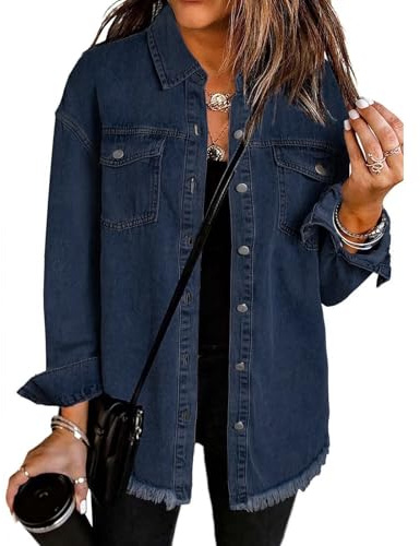 YGERGWE Denim Jackets Women Oversized Lightweight Jean Jacket Casual Button-Down Shacket, Ladies Long Sleeve Jean Shirt Top for Spring Autumn