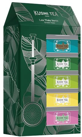 Kusmi Tea - Estuche de tés verdes + pinza para té - Surtido de tés ecológicos - Idea de regalo para hombre y mujer - Té verde con menta, jazmín, limón y jengibre - 5 cajas de 25