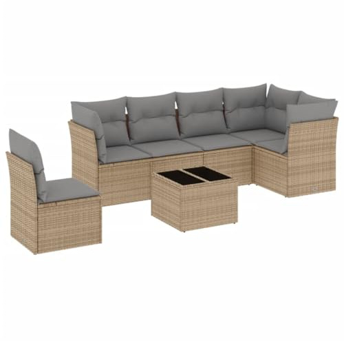 HFXHIJXQ 7-TLG. Gartenmöbel-Set aus Poly-Rattan Beige Hellgrau 55 x 62 x 69 cm Lounge-Sofa mit Glas-Tisch Robust & wetterfest für Balkon Terrasse Garten