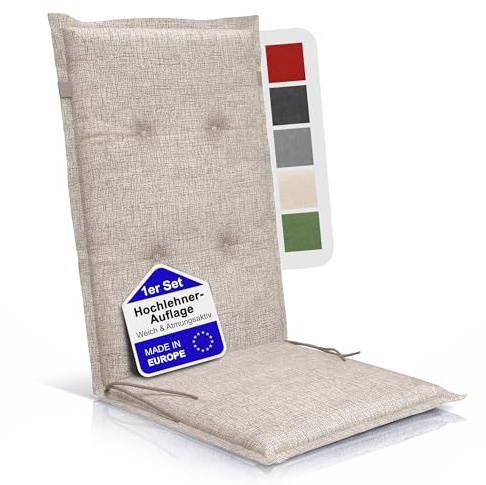 Relexo PREMIUM - Hochlehner Auflage Gartenstuhl – Hochlehner Stuhlauflage mit Polster, Outdoor Sitzkissen & Stuhlkissen für Gartenmöbel Auflage wetterfest, Sitzkissen bequem (Beige, 1er Set)