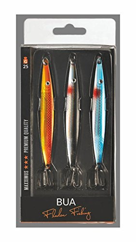 Fladen Maxximus BUA. 3-Teiliges Blinker-Set für Lachs und Meerforelle, 3 Farbdekore, Rückseite Silber, Länge 10cm (16g) u. 11cm (25g)