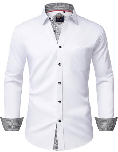 Alimens & Gentle Mens White Dress Shirt Long Sleeve Wrinkle Free Stretch Business Formal Wedding Button Down Shirt XL