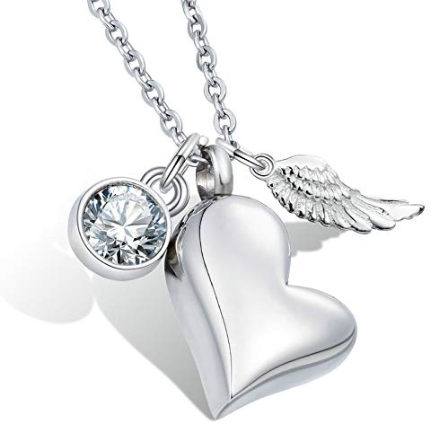 KnSam Edelstahl Urne Anhänger Halskette mit Geburtsstein Kristallanhänger Engel Flügel Asche Anhänger Herz Memorial Kette Silber