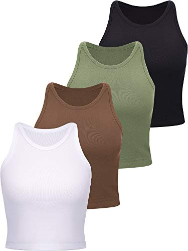 4 Pieces Basic Crop Tank Tops Women Sleeveless Racerback Crop Tops Cotton Sport Crop Tops for Lady Girls Daily Wearing (Black, Green, Coffee, White,Large)