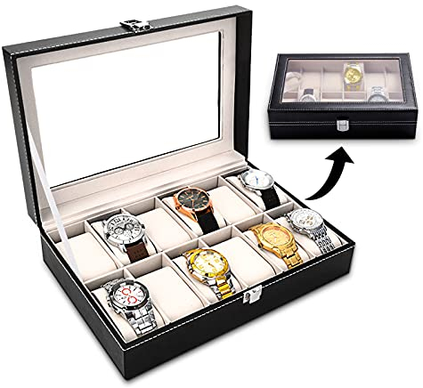 JOYBOY Uhrenbox,Uhrenkasten mit Glasdeckel,Uhrenschatulle,Herausnehmbaren Uhrenkissen aus Samt,Kunstleder abschließbar Organizer,12 Uhrenbox Multifunktionales
