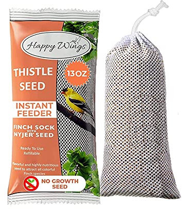 Happy Wings NO GROW Thistle Seeds (Nyjer Seeds) Bird Food Prefilled Sock Feeder for Wild Birds - Highly Nutritious Bird Feed - (13 oz/368 gm)