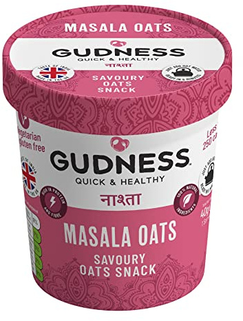 Gudness Masala Oats - Oats Porridge/Snack (Savoury), Vegan, Gluten Free Pack of 6 pots, 40 gms each