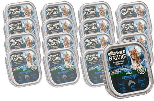 Dehner Wild Nature Katzenfutter Gebirgssee, Nassfutter getreidefrei / zuckerfrei, für ausgewachsene Katzen, Lachs / Forelle, 16 x 100 g Schale (1.6 kg)