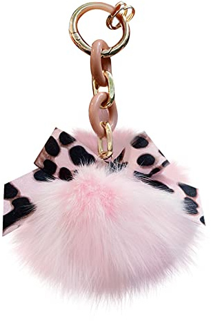Pom Pom Schlüsselanhänger Damen Plüsch Schlüsselanhänger Bommel Keychain Anhänger mit Leopard Bowknot Plüschball Schlüsselringe Taschenanhänger Pom Pom Schlüsselbund für Handtasche Schlüssel Auto