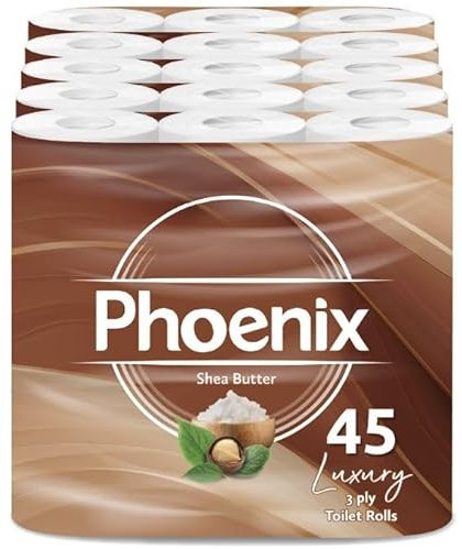 Phoenix Toilet Rolls – 45 Pack | 3 Ply Shea Butter Scented Toilet Paper | Bulk Buy, Soft, Quilted, Sustainably Sourced, Eco- Friendly Luxury Bathroom Tissue