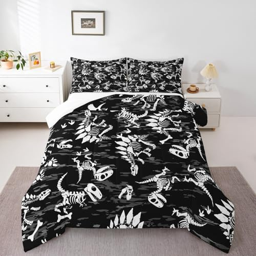 Castle Fairy Dinosaur Skeleton Comforter Set Dinosaur Bones Bedding Set for Kids Girls Women Adults Black and White Comforter Camouflage Quilted Duvet Set Bedroom Collection Twin Size 2Pcs