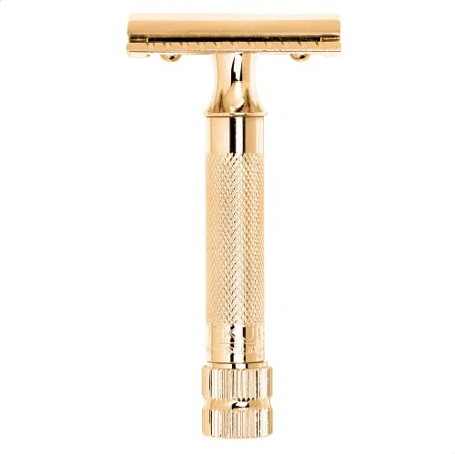 MERKUR Rasierhobel 34G | Kompaktgriff Glanzgold | Dreiteiliger Rasierer mit geradem Schnitt | Geschlossener Kamm | Ideal für Nassrasur | Zinkdruckguss | Messing Griffstück | Made in Germany