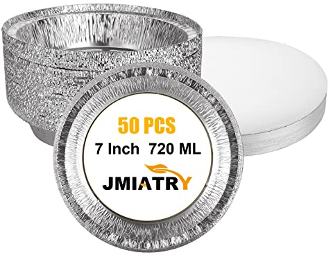 JMIATRY 50 Pack 7 Inch Round Foil Trays with Lids, 720ML Disposable Foil Food Containers with Lids, Aluminum Round Foils Trays for Party, Baking, Takeaway and Food Storage