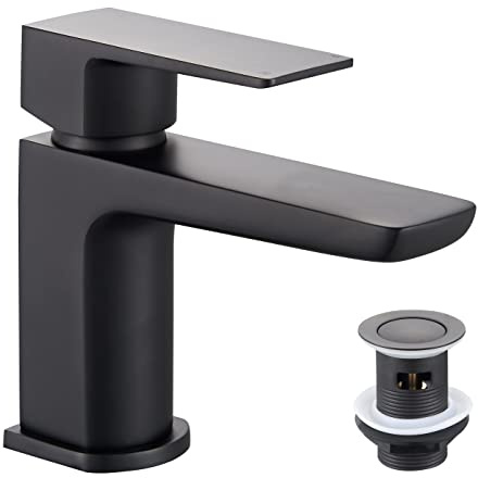 KEDWILL® Single Lever Mini Mono Basin Mixer Tap with Click Clack Sprung Waste Bathroom Sink Hot and Cold Faucet Solid Brass Modern Matt Black Easy to Fit/Install