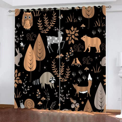 TEMLAN Kinder Gardinen Fuchs Eule Verdunkelungsvorhang Mit Ösen Cartoon-Wald-Blätter für Wohnkultur für Zimmer/Büro Schlafzimmer (200 x 160 cm)
