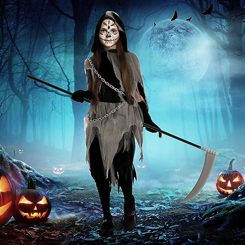 PATRICHOR Halloween Kostüm Kinder Sensenmann, Halloween Kostüm Mädchen mit Sense Taillenkette Kapuzengewand, Faschingskostüme Mädchen für Fasching Accessoires Karneval Party Cosplay