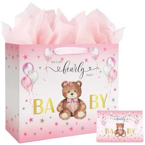 33 cm große Geschenktüte für Babyparty Geburtstag für Mädchen mit Seidenpapier und Karte rosa Luftballons Bären-Design mit Griffen
