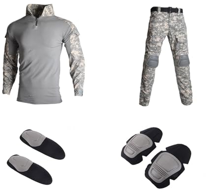 ZMIN Militäruniform Hemd + Hose mit Knie- Ellbogenschützer Paintball Tactical Ghillie Anzug Camo Jagdbekleidung ACU M
