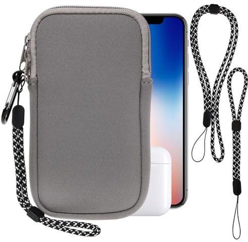 Estuche de Neopreno Universal para Smartphone,Carcasa para móvil Funda Protectora a prueba de golpes con Mosquetón y Correa de Cordón Travel Case with Pockets Phone Bag para Samsung, iPhone,Gris Claro