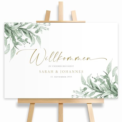 Willkommensschild Hochzeit Eukalyptus mit Datum und Namen, personalisierte Hochzeitsdekoration, Willkommen Schild, Grün, Leinwand, 60x40, (HEI Print)