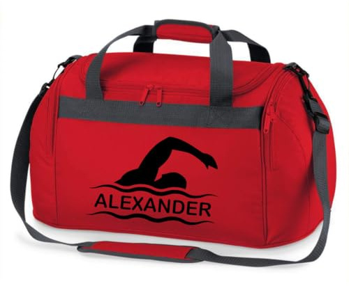 minimutz Sporttasche Schwimmen für Kinder - Personalisierbar mit Name - Schwimmtasche Duffle Bag für Mädchen und Jungen (rot)