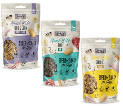 Mac's Dog Meat Bits 120g | leckerer Hundesnack, ohne Getreide | 3X 120g Probierpaket | Leckerli für Hunde | Huhn, Rind, Huhn & Lamm