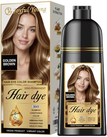 Joyful Young Hair Dye Shampoo 3-in-1, Golden Brown Semi-Permanent Gray Hair Coverage, Color Depositing Shampoo for Women & Men, Vegan, Ammonia-Free