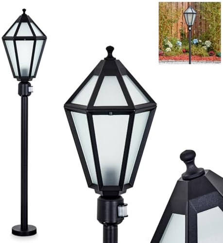 Wegeleuchte Falfosa, Wegelampe mit Bewegungsmelder aus Metall/Glas in Schwarz/Milchglas, klare Wechselscheiben, Antik/Landhaus-Design für Garten/Hof, Höhe 120,5 cm, 1 x E27, ohne Leuchtmittel, IP44
