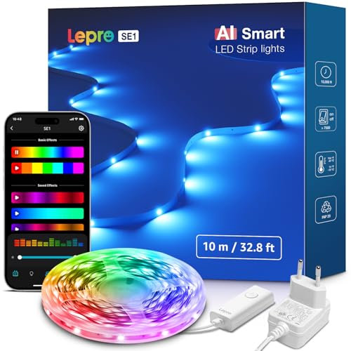 Lepro AI LED Streifen SE1, 10M Smart LED Strip RGB mit App-Sprachbefehle, Musik Sync, Personalisierter KI-Lichtdesigner, kompatibel mit Alexa&Google Assistant, für Party/Zuhause, Keine Fernbedienung