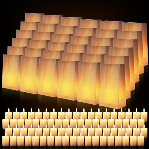 Conelist 144 Sets White Luminary Bags with Unscented Candles, Paper Candle Bags White Lantern Bags White Votive Candles Bulk Candles for Wedding Christmas Holiday Party, Each 10 Hours Burning