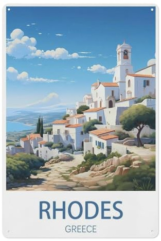 PGCKSK Rhodos, Griechenland，Vintage Metall Blechschild Aluminium Blechschild für Männer Frauen, Wanddekoration für Zuhause Toilettenschilder Bars Cafés Pubs(15x30cm 6x12 inch-V14