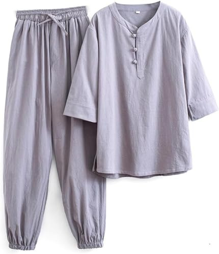 WHESAZYP Tai Chi Anzüge, Tai Chi Kleidung, Damen, Kung Fu Uniform, Baumwollleinen, Kampfsport-Set, Kurzarmhose, Zen-Meditationsuniform, Tang-Anzug, traditionelle chinesische Kleidung (Grau XXL)