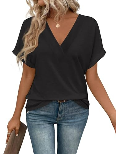 Cuptacc Camisetas Mujer Verano Manga Corta Color Sólido Tops Mujer Elegantes Cuello en V Blusa Negro, Medium M 38-40