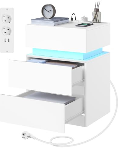WOLTU Nachttisch mit Steckdose, Nachtschrank mit LED-Beleuchtung, weiß, 2 Schubladen und 1 Ablagefach, 40 x 35 x 55 cm, geeignet für Schlafzimmer, Wohnzimmer oder Büro, moderner Stil, NTS23ws