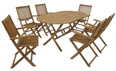 DEGAMO Klappgarnitur Benita 7-teilig (6X Klappstuhl mit Armlehne, 1x Klapptisch oval 85x160cm), Akazie braun geölt, Outdoor, FSC®-Zertifiziert